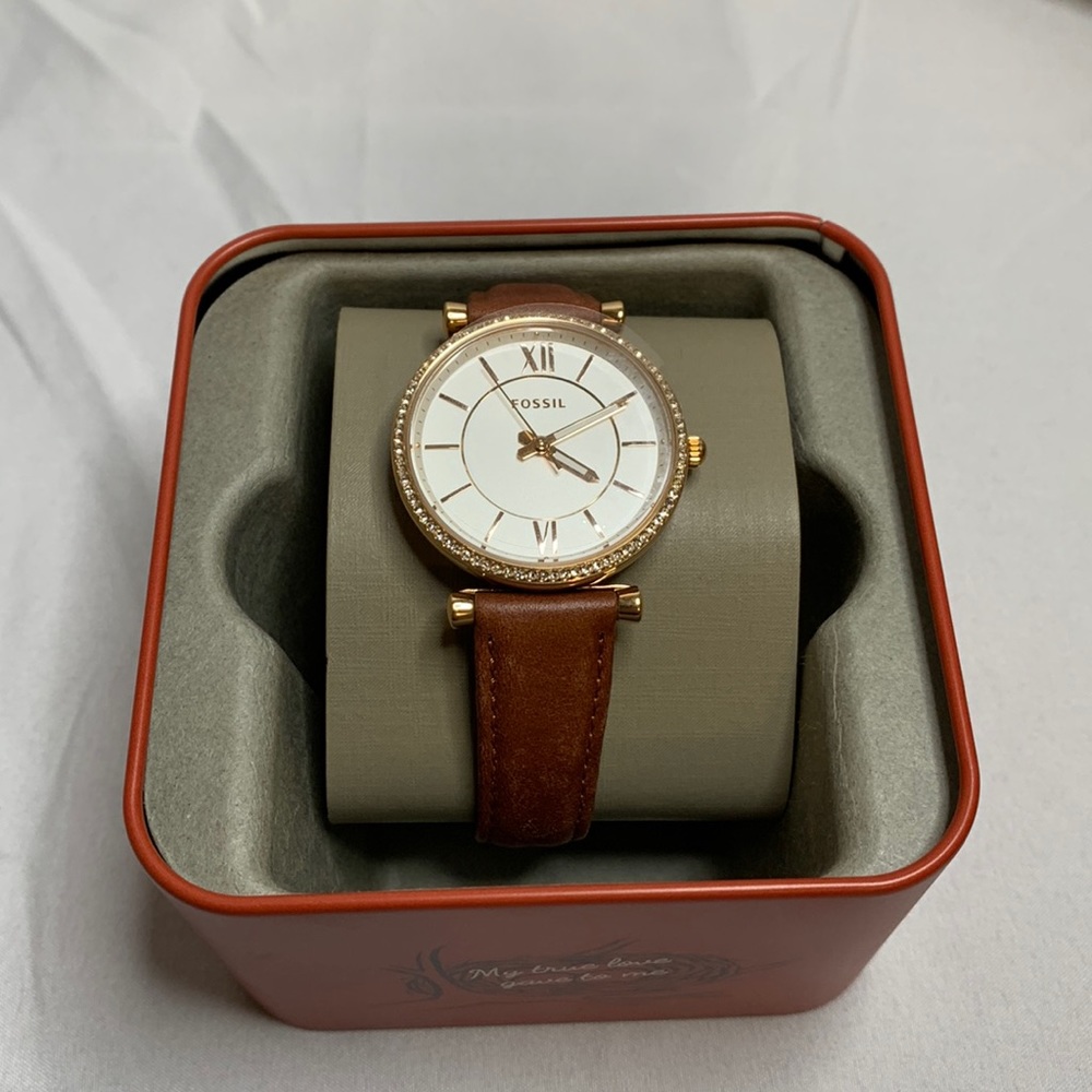 Good Fossil Watch with Pave Bezel and Cognac Band